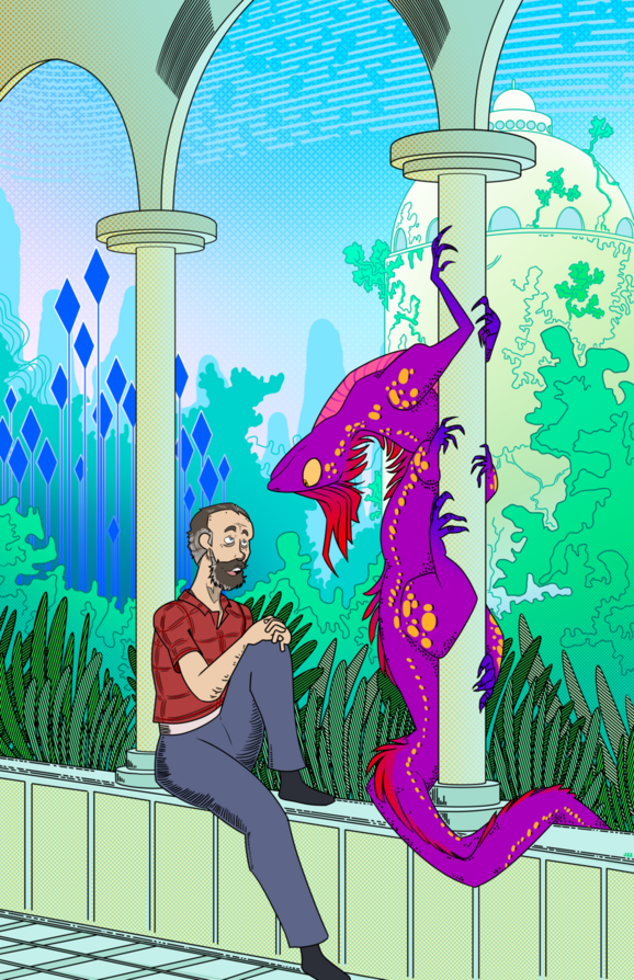 Tycho sitting on a sunny cloister window sill while Stolon climbs one of the columns